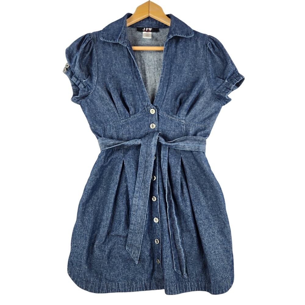 JFW Just For Wraps Womens Denim Shirt Dress Size 7 Blue Belted Button Front EUC